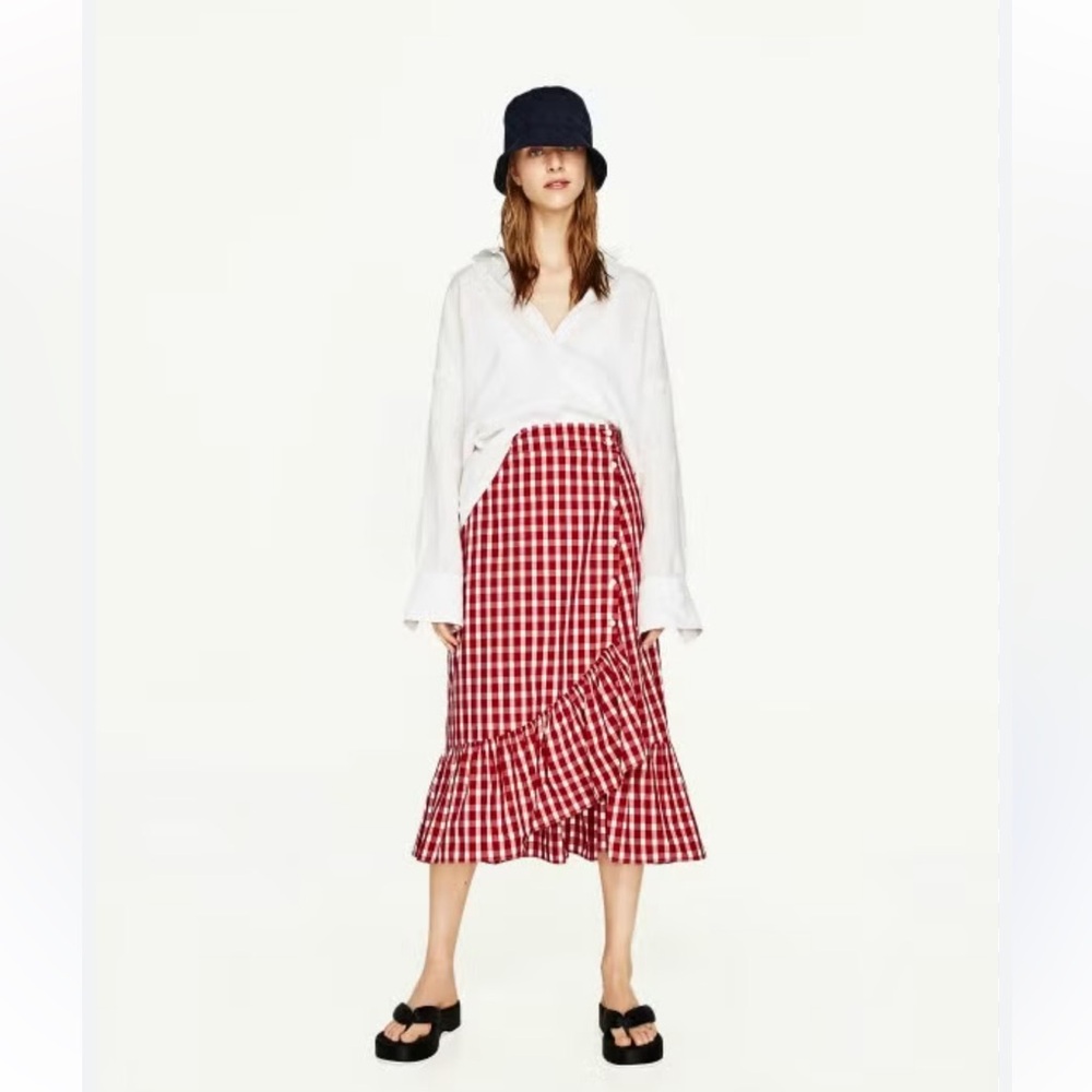 ZARA Red Gingham Ruffle Midi Skirt - Picture 2 of 13